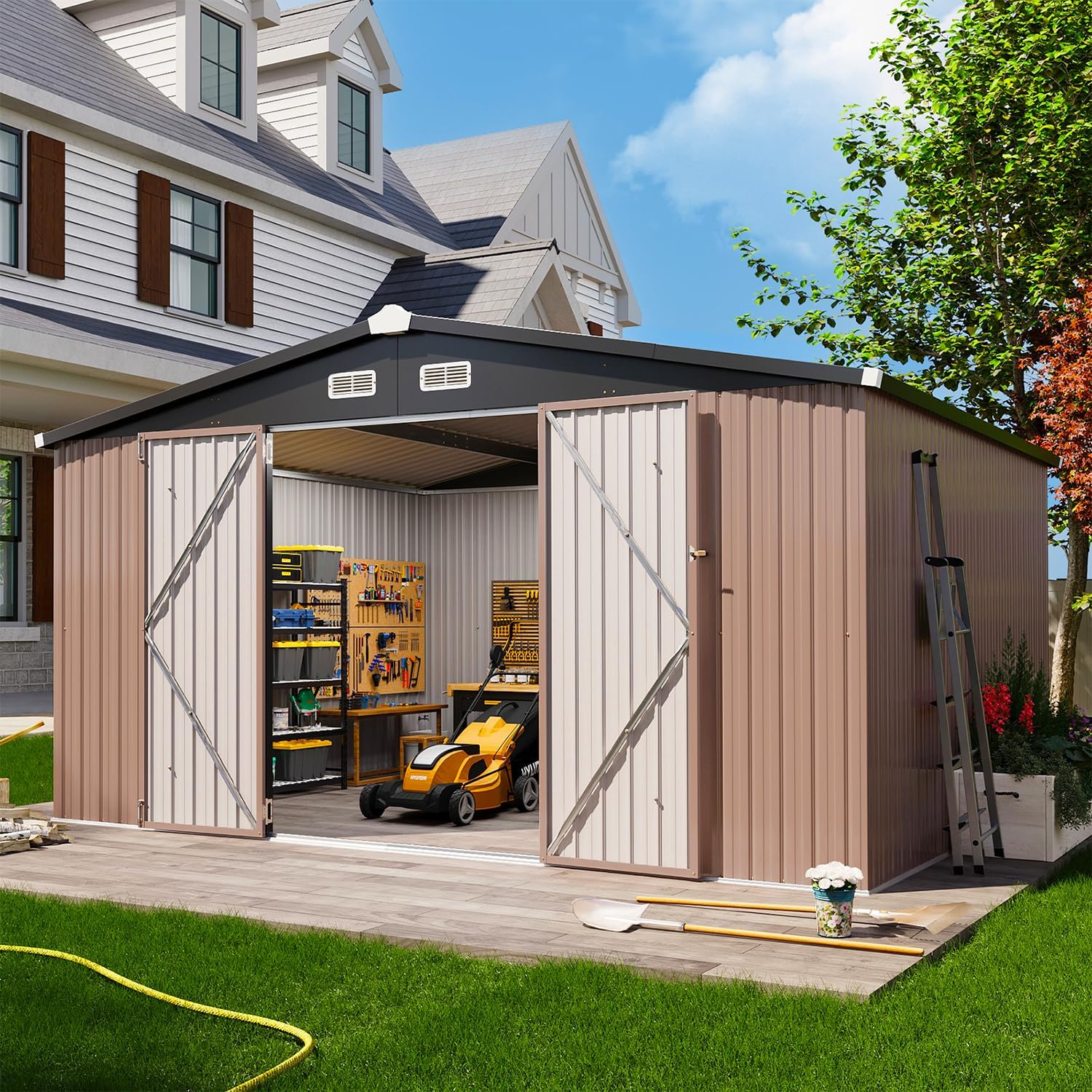GVDV Outdoor Metal Storage Shed 12 x 10 ft, Storage House Metal Steel Utility Tool Shed with Lock and Door, for Garden, Patio, Lawn, Brown